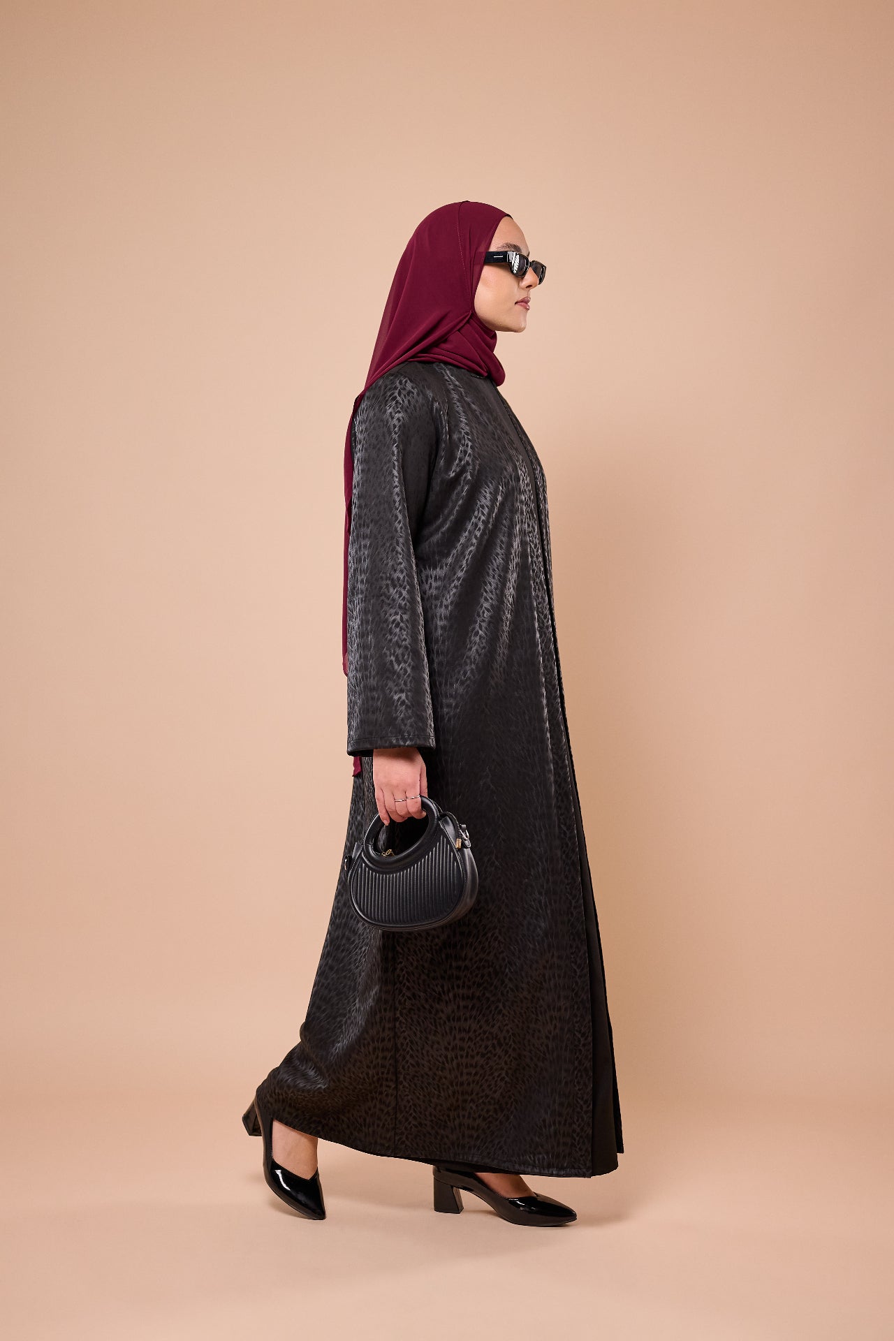 Leopard Print Two-Piece Abaya - Side view walking
