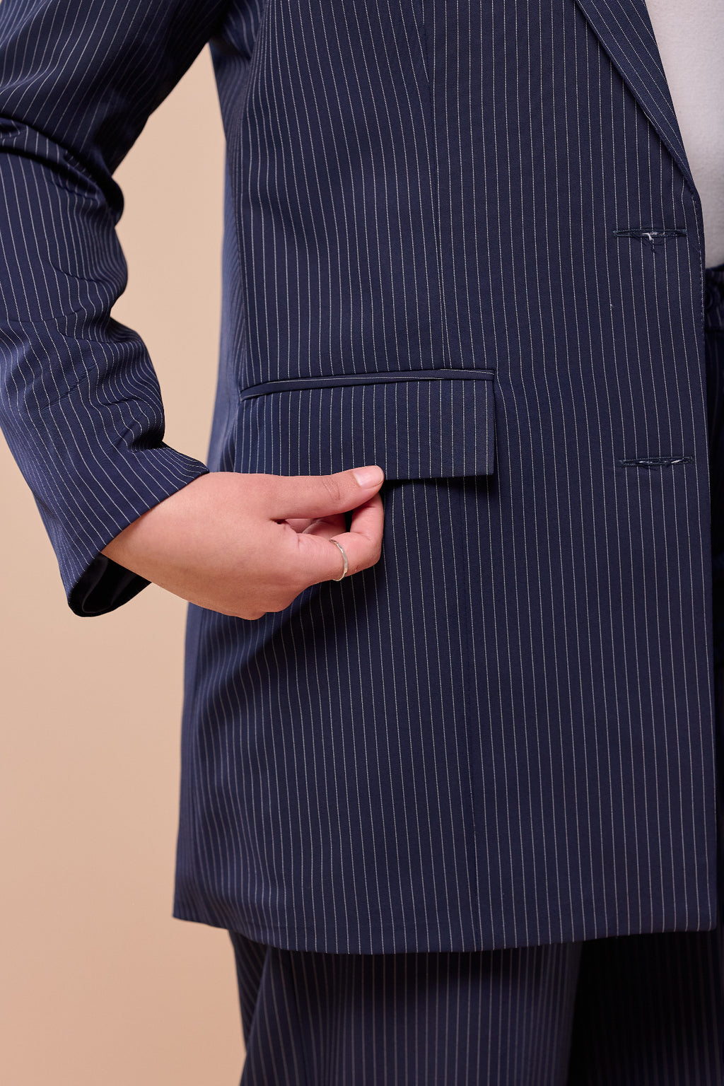Pinstripe Suit in Navy - pocket detail