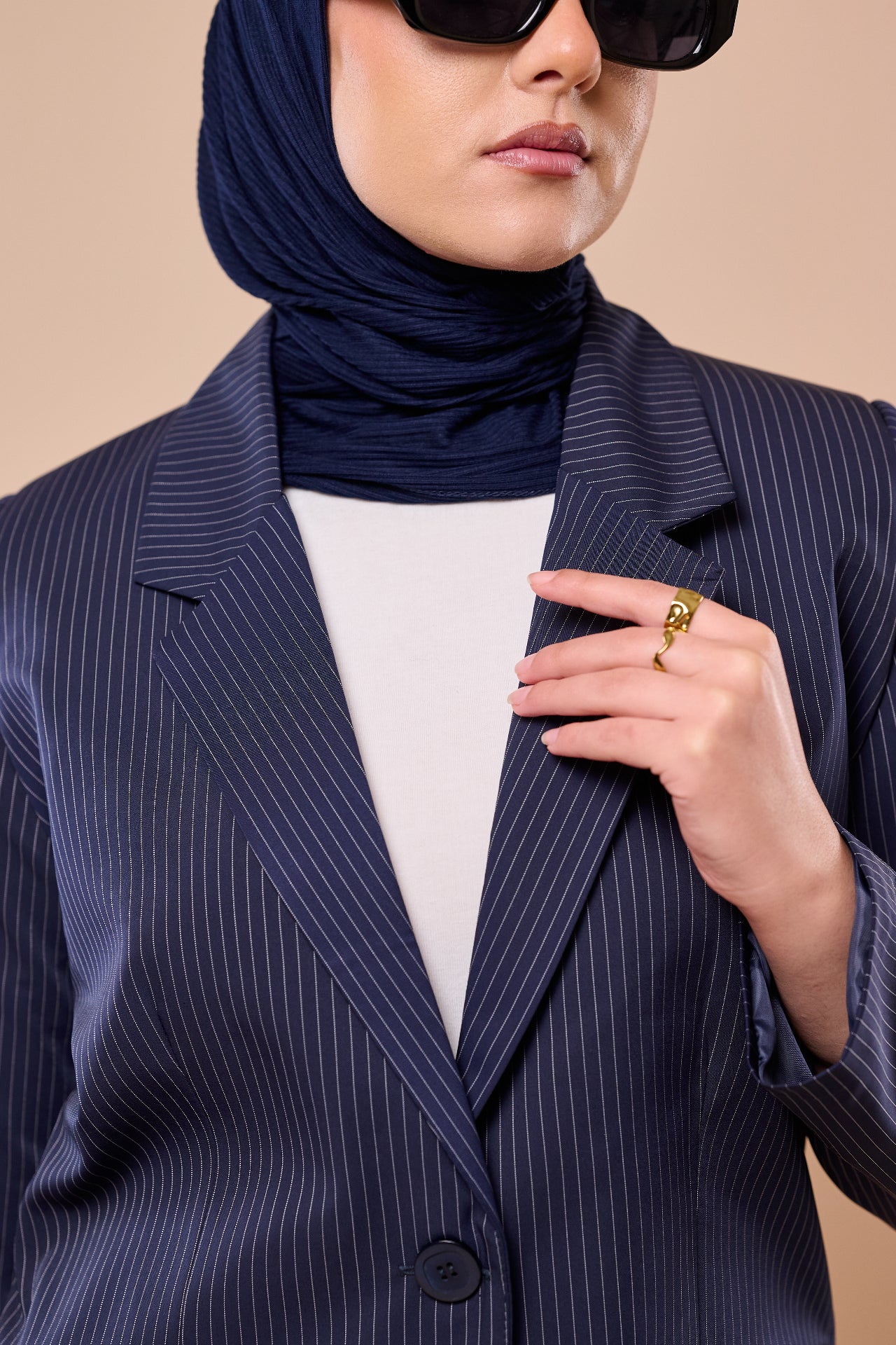Pinstripe Suit in Navy - close-up
