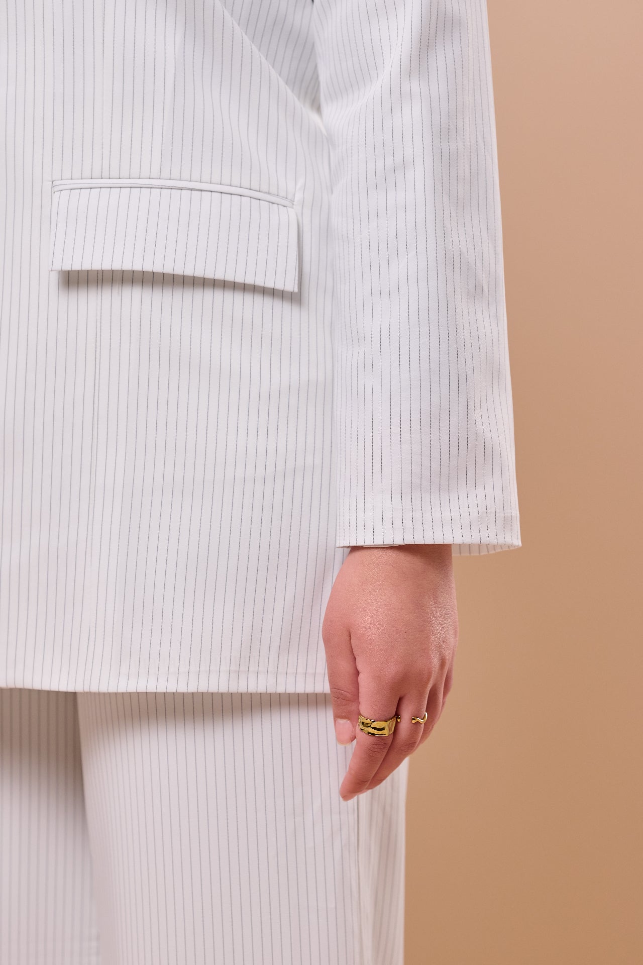 Pinstripe Suit in White - side detail
